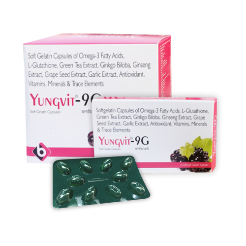 Product Name: YUNGVIT 9G, Compositions of Soft Gelatin Capsules of Omega-3 Fatty Acids, L-Glutathione, Green Tea Extract, Ginkgo Biloba, Ginseng Extract, Grape Seed Extract, Garlic Extract, Antioxidant, Vitamins, Minerals & Trace Elements are Soft Gelatin Capsules of Omega-3 Fatty Acids, L-Glutathione, Green Tea Extract, Ginkgo Biloba, Ginseng Extract, Grape Seed Extract, Garlic Extract, Antioxidant, Vitamins, Minerals & Trace Elements - Biopolis Lifesciences Private Limited