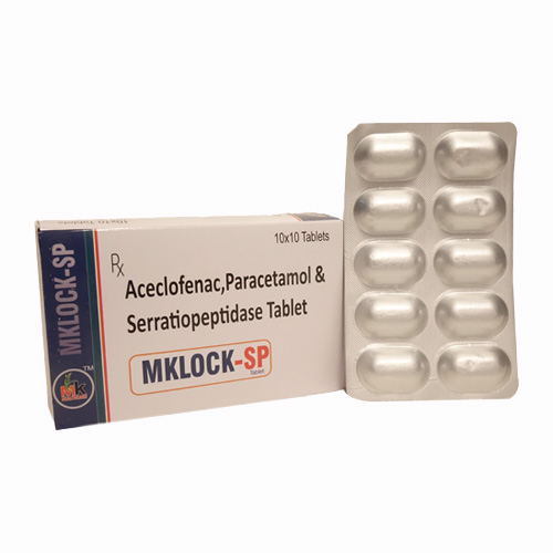 Product Name: MKLOCK SP, Compositions of Aceclofenac, Paracetamol & Serratiopeptidase Tablet are Aceclofenac, Paracetamol & Serratiopeptidase Tablet - MK Healthcare