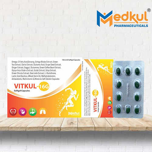 Product Name: Vitkul 16 G, Compositions of Vitkul 16 G are Omega-3 Fatly Acid,Vitamin C,Vitamin E,Zinc Sulphate,L-Glutathione,Lutin,Copper & Zeaxanthin Soft gelatin CapsulesSoftgel Capsules - Medkul Pharmaceuticals