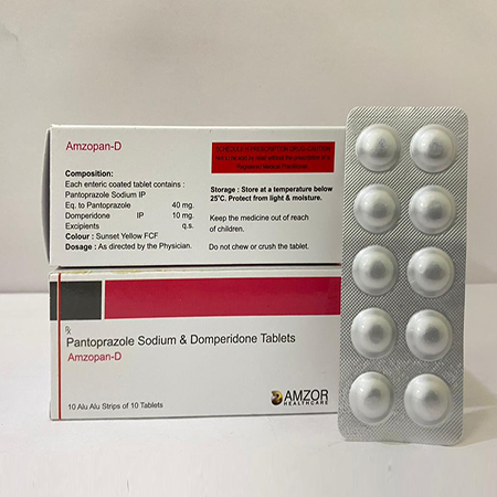 Product Name: AMZOPAN D, Compositions of AMZOPAN D are Pantoprazole Sosium & Domperidone Tablets - Amzor Healthcare Pvt. Ltd