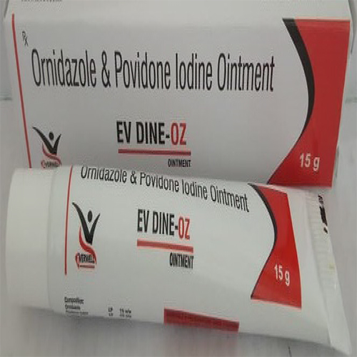 Product Name: EV DINE OZ  OINTMENT , Compositions of EV DINE OZ  OINTMENT  are Ornidazole & Povidone lodine Ointment  - Orange Biotech Private Limited