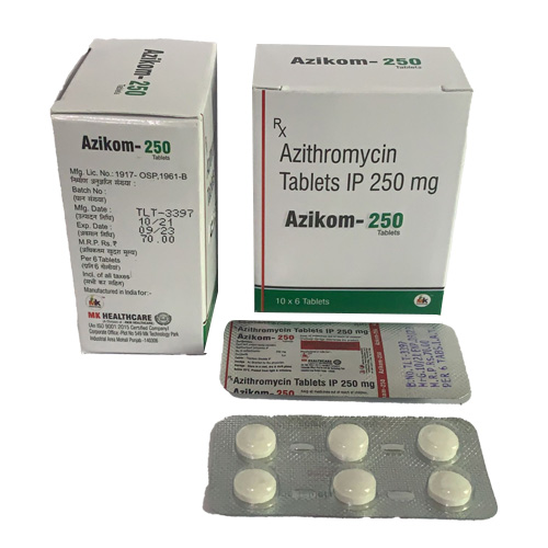 Product Name: Azikom 250 Tablets, Compositions of Azithromycin Tablets IP 250 mg are Azithromycin Tablets IP 250 mg - MK Healthcare