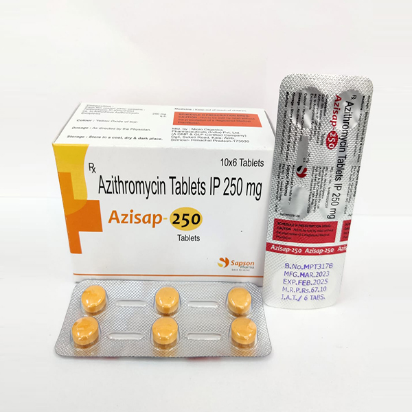 Product Name: Azisap 250, Compositions of Azisap 250 are Azithromycin Tablets IP 250mg - Sapson Pharma