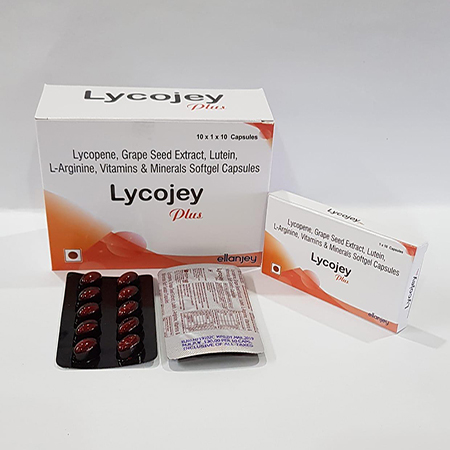 Product Name: Lycojey, Compositions of Lycojey are Lycopene Grape  Seed Extract, Leutin L-Arginine VItamins & Minerals Softgel Capsules - Ellanjey Lifesciences