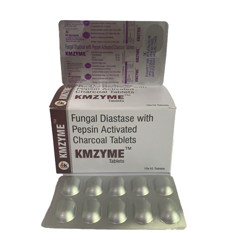 Product Name: KMZYME, Compositions of KMZYME are Fungal Diastase with Pepsin Activated Charcoal Tablets - MK Healthcare