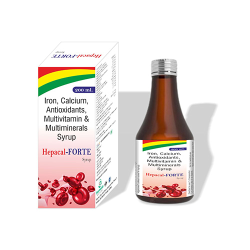 Product Name: Hepacal FORTE, Compositions of Hepacal FORTE are Iron, Calcium, Antioxidants, Multivitamin & Multiminerals Syrup - Harmeda Healthcare