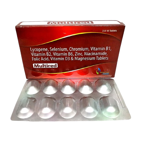 Product Name: MULTIRED, Compositions of MULTIRED are Lycopene, Selenium, Chromium, Vitamin B1, Vitamin B2, Vitamin B6, Zinc, Niacinamide, Folic Acid, Vitamin D3 & Magnesium Tablets - Insta Care Lifesciences