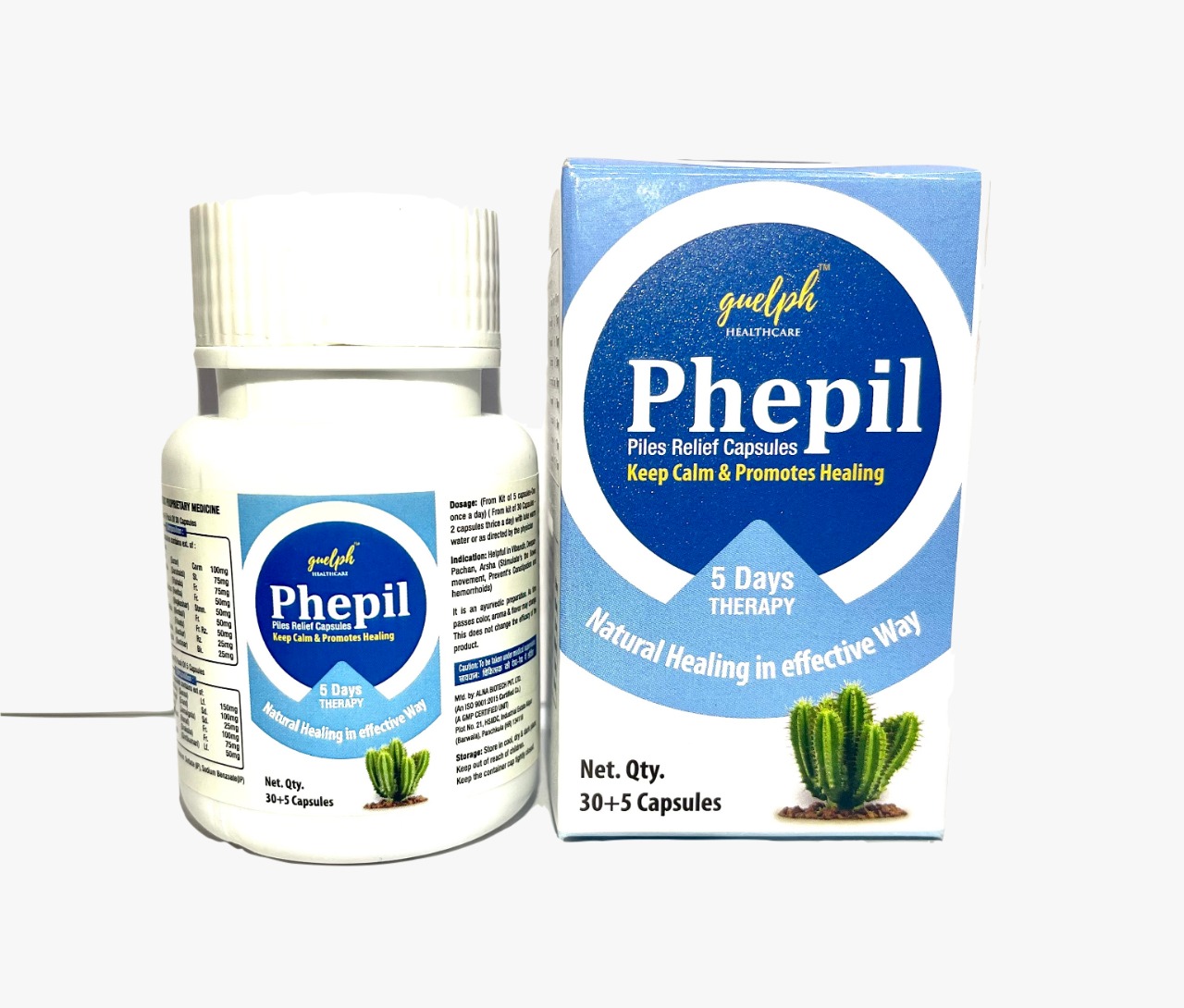 Product Name: PHEPIL  Kit Capsules 30 + 5 Pack for Piles Relief, Compositions of Suran, Daruhaldi, Triphala, Reetha, Nagkeshar, Nimboli, Trikatu, Kachur, Kachnar (Pack of 30) Senna, Erand, Jamalgota, Harad, Draksha, Ghritkumari (Pack of 5) are Suran, Daruhaldi, Triphala, Reetha, Nagkeshar, Nimboli, Trikatu, Kachur, Kachnar (Pack of 30) Senna, Erand, Jamalgota, Harad, Draksha, Ghritkumari (Pack of 5) - Guelph Healthcare Pvt. Ltd