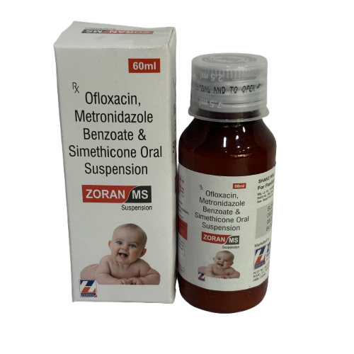 Product Name: ZORAN/MS, Compositions of ZORAN/MS are Ofloxacin, Metronidazole Benzoate & Simethicone Oral Suspension - Zerdia Healthcare Private Limited