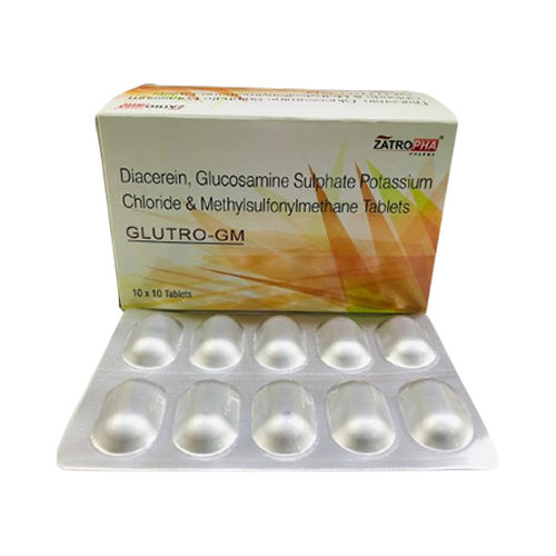 Product Name: GLUTRO GM, Compositions of GLUTRO GM are Diacerein, Glucosamine Sulphate Potassium Chloride & Methylsulfonylmethane Tablets - Zatropha Pharma