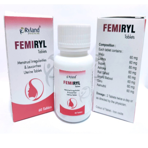 Product Name: Femiryl Tablets, Compositions of Femiryl Tablets are Menstrual lrregularitiesn & Leucorrhea Uterine Tablets - Ryland Health Care