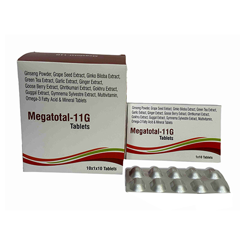 Product Name: Megatotal 11G, Compositions of Megatotal 11G are Ginseng Powder, Grape Seed Extract, Ginko Biloba Extract, Green Tea Extract, Garlic Extract, Ginger Extract, Goose Berry Extract, Ghritkumari Extract, Gokhru Extract, Guggal Extract, Gymnema Sylvestre Extract, Multivitamin, O - Zerdia Healthcare Private Limited