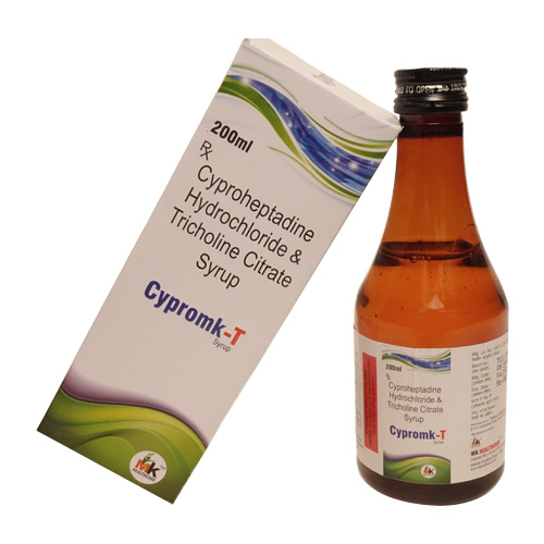 Product Name: Cypromk T, Compositions of Cypromk T are Cyproheptadine Hydrochloride & Tricholine Citrate Syrup - MK Healthcare