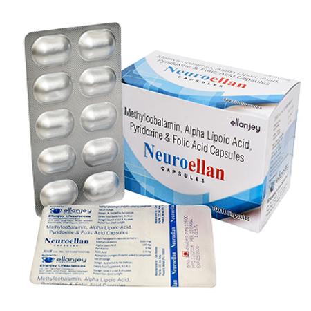 Product Name: Neuroellan, Compositions of Neuroellan are Methylcobalamin , Alpha Lipoic Acid, Pyridoxime & Folic Acid Capsules - Ellanjey Lifesciences