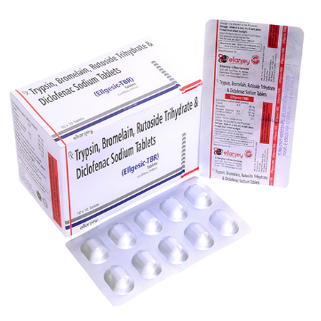 Product Name: Ellgesic TBR, Compositions of Ellgesic TBR are Trypsin, Bromelain, Rutoside Trihydrates & Diclofenac Sodium Tablets - Ellanjey Lifesciences