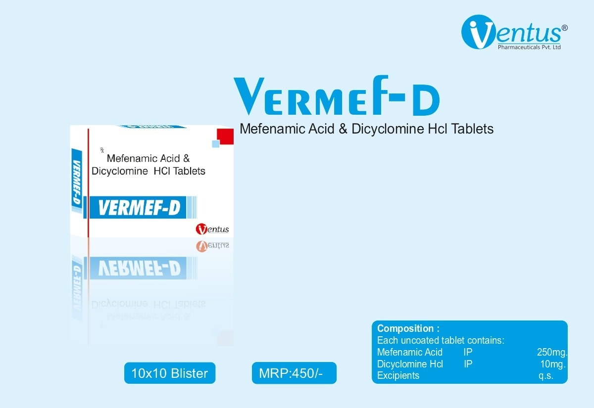 Product Name: Vermef D, Compositions of are Mefenamic Acid and Dicyclomine Hcl Tablets - Olfemy Care