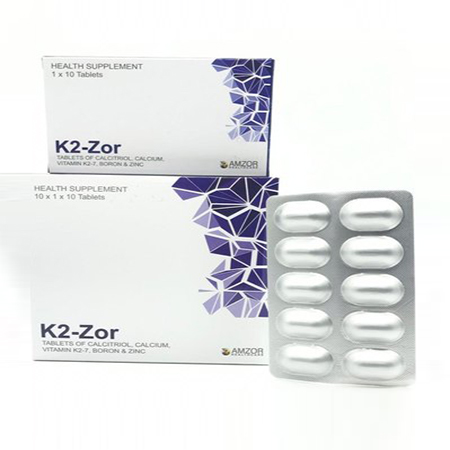 Product Name: K2ZOR, Compositions of K2ZOR are Tablets of Calcitriol Calcium Vitamin B2 Boron & Zinc - Amzor Healthcare Pvt. Ltd