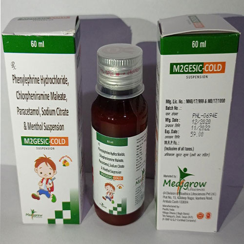 Product Name: M2gesic Cold, Compositions of Paracetamol 500 mg+Phenyleprine 5  mg+Chlorpheniramine Meleate are Paracetamol 500 mg+Phenyleprine 5  mg+Chlorpheniramine Meleate - MediGrow Lifesciences