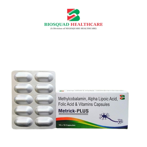 Product Name: METRICK PLUS, Compositions of Methylcobalamin, Alpha Lipoic Acid, Folic Acid & Vitamins Capsules are Methylcobalamin, Alpha Lipoic Acid, Folic Acid & Vitamins Capsules - Biosquad Healthcare