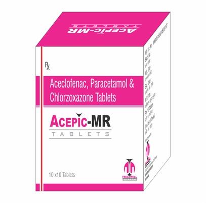 Product Name: Acepic MR 3D, Compositions of  ACECLOFENAC 100 MG PARACETAMOL 325 CHLORZOXAZONE 250 MG  are  ACECLOFENAC 100 MG PARACETAMOL 325 CHLORZOXAZONE 250 MG  - Lavanya Biotech