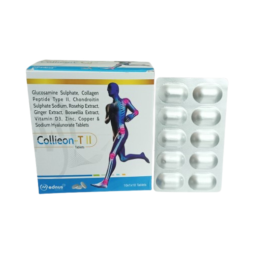 Product Name: Collieon T, Compositions of Collieon T are Glucosamine Sulphate. Collagen Peptide Type II. Chondroitin Sulphate Sodium, Rosehip Extract Ginger Extract. Boswellia Extract, Vitamin D3. Zinc, Copper & Sodium Hyalunorate Tablets - Mednus Healthcare