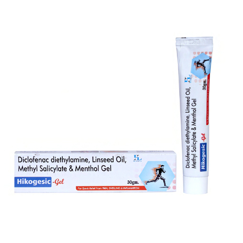 Product Name: Hikogesic Gel, Compositions of Hikogesic Gel are Diclofenac diethylamine, Linseed Oil, Methyl Salicylate & Menthol Gel - Hikona Lifesciences