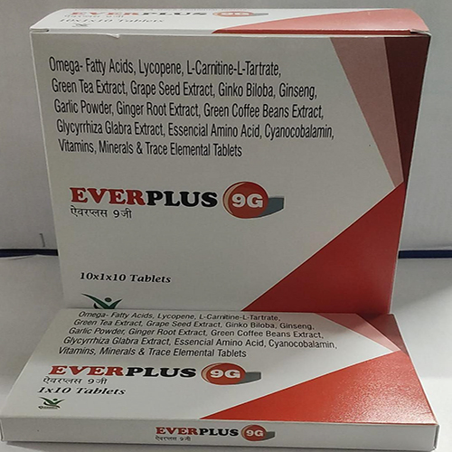 Product Name: EVERPLUS  9G , Compositions of EVERPLUS  9G  are Omega- Fatty Acids, Lycopene, L-Carnitine-L-Tartrate, Green Tea Extract, Grape Seed Extract, Ginko Biloba, Ginseng, Garlic Powder, Ginger Root Extract, Green Coffee Beans Extract, Glycyrrhiza Glabra Extract, Essencial Amino A - Everwell Pharma Private Limited