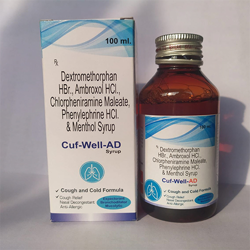 Product Name: Cuf Well AD Syrup , Compositions of Cuf Well AD Syrup  are Dextromethorphan HBr., Ambroxol HCl., Chlorpheniramine Maleate, Phenylephrine HCl. & Menthol Syrup  - Orange Biotech Private Limited