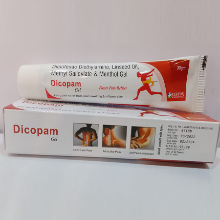 Product Name: Dicopam, Compositions of Dicopam are Diclofenac  Diethylamine,Linseed Oil,Methyl Salicylate & Menthol Gel - Ceetox HealthCare Private Limited