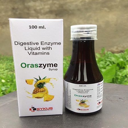 Product Name: Oraszyme, Compositions of Digestive Enzyme Liquid with Vitamins are Digestive Enzyme Liquid with Vitamins - Sykus Pharmaceuticals Private Limited