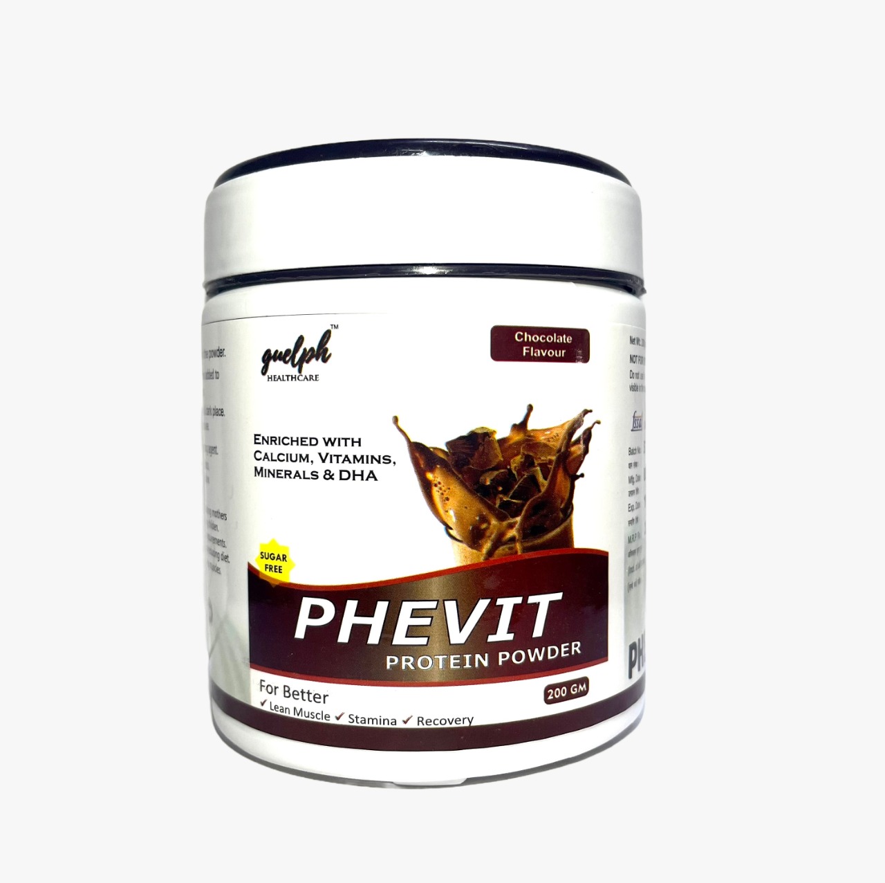 Product Name: PHEVIT Protein Powder with DHA 200gm Pack, Compositions of PHEVIT Protein Powder with DHA 200gm Pack are Protein hydrolysate 20% 7.5gm + DHA 10% 75mg - Guelph Healthcare Pvt. Ltd