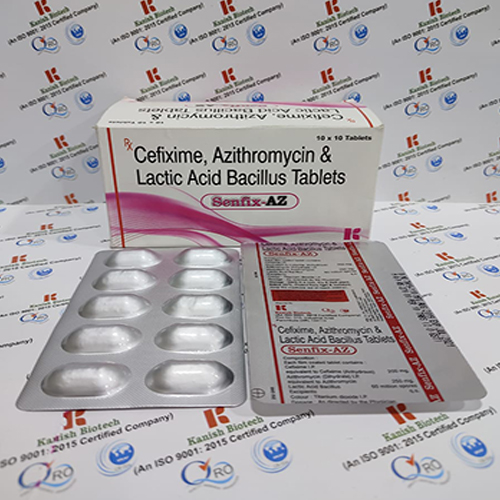 Product Name: SENFIX AZ, Compositions of SENFIX AZ are Cefixime, Azithromycin & Lactic Acid Bacillus Tablets - Kanish Biotech