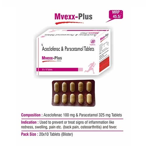 Product Name: Mvexx Plus, Compositions of Mvexx Plus are Aceclofenac, Paracetamol Tablets - Euphoria India Pharmaceuticals