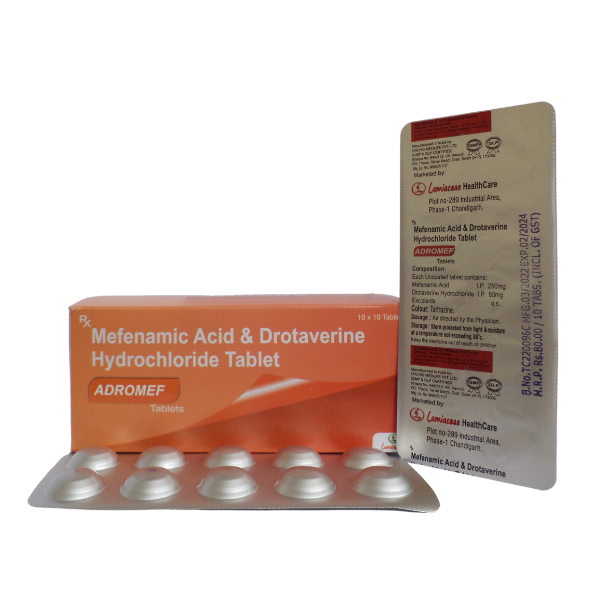 Product Name: Adromef, Compositions of Adromef are MefenamicAcid  & Drotaverine Hydrochloride Tablet - Lamiaceae HealthCare