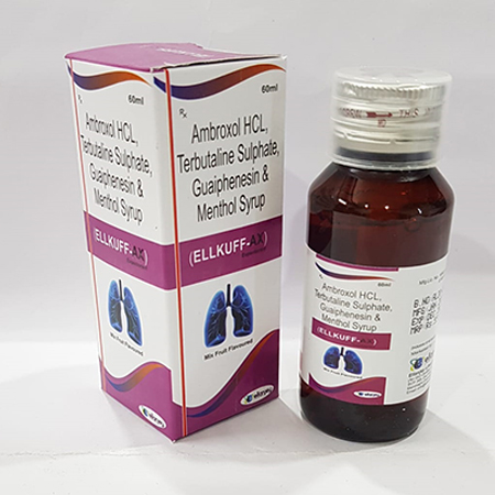 Product Name: Ellkuff AX, Compositions of Ellkuff AX are Ambroxol HCL, Terbutaline Sulphate, Guaiphensin & Menthol Syrup - Ellanjey Lifesciences