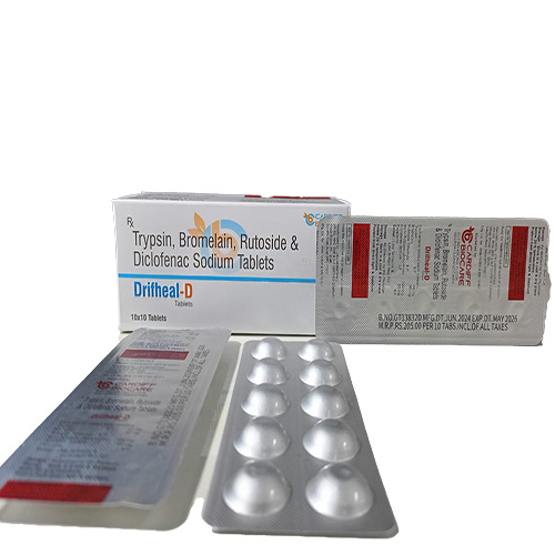 Product Name: Drifheal D, Compositions of Trypsin, Bromelain, Rutoside & Diclofenac Sodium Tablets  are Trypsin, Bromelain, Rutoside & Diclofenac Sodium Tablets  - Cardiff Biocare