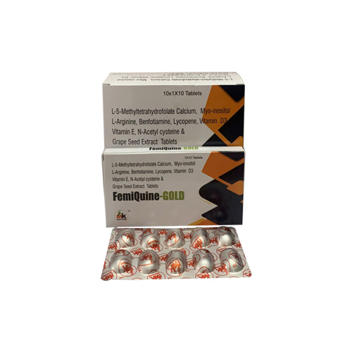 Product Name: FemiQuine GOLD, Compositions of FemiQuine GOLD are L-5-Methyltetrahydrofolate Calcium, Myo-not L-Arginine, Benfotiamine, Lycopene, Vitamin DS Vitamin E, N-Acetyl cysteine & Grape Seed Extract Tablets - MK Healthcare