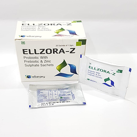 Product Name: Ellzora Z, Compositions of Ellzora Z are Prebiotic with Prebiotic & Zinc  Sulphate Sachets - Ellanjey Lifesciences