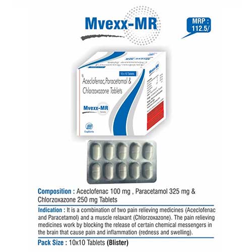 Product Name: Mvexx MR, Compositions of Mvexx MR are Aceclofenac, Paracetamol & Chlorzoxazone Tablets - Euphoria India Pharmaceuticals