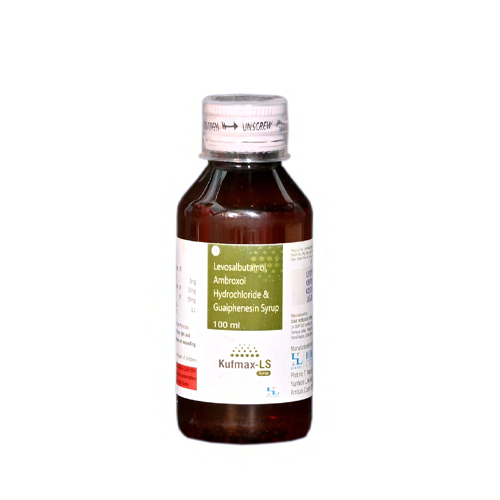 Product Name: Kufmax LS, Compositions of Kufmax LS are Levosalbutatro Ambroxol Hydrochloride & Guaiphenesin Syrup - Hikona Lifesciences