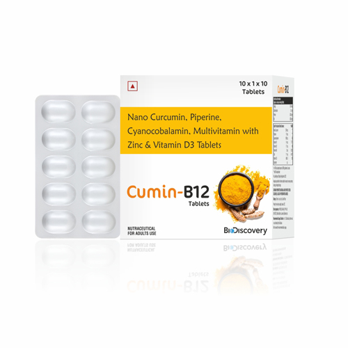 Product Name: Cumin B12, Compositions of Cumin B12 are Nano Curcumin, Piperine, Cyanocobalamin, Multivitamin with Zinc & Vitamin D3 Tablets - Biodiscovery Lifesciences Private Limited