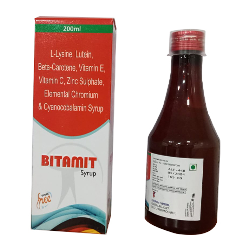 Product Name: BITAMIT, Compositions of BITAMIT are L-Lysine, Lutein, Beta-Carotene, Vitamin E, Vitamin C, Zinc Sulphate, Elemental Chromium & Cyanocobalamin Syrup - Access Life Science