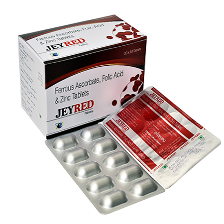 Product Name: Jeyred, Compositions of Jeyred are Ferrous Ascrobate, Folic Acid & Zinc Tablets - Ellanjey Lifesciences