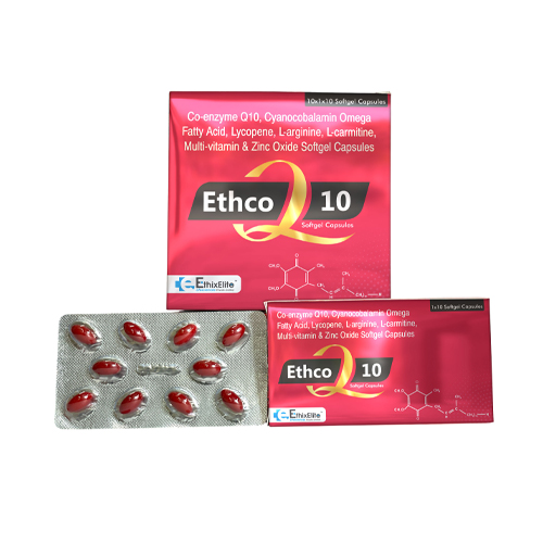 Product Name: ETHCO 10, Compositions of are Co-enzyme Q10, cyanocobalamin Omega Fatty Acid Lycopene, L-arginine, L-carmitine, Multi-Vitamin & Zinc Ixide Softgel Capsules - EthixElite Lifesciences Private Limited