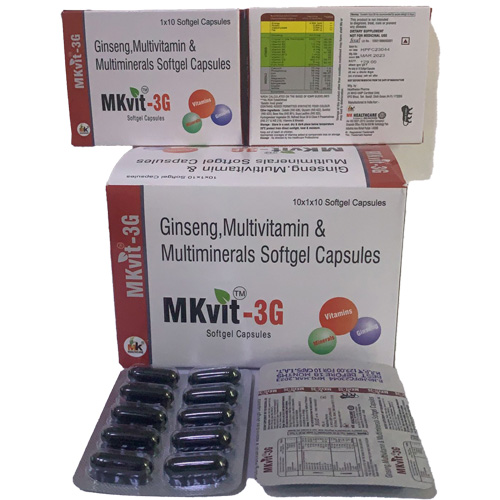 Product Name: MKvit 3G Softgel Capsules, Compositions of MKvit 3G Softgel Capsules are Ginseng, Multivitamin & Multiminerals Softgel Capsules - MK Healthcare