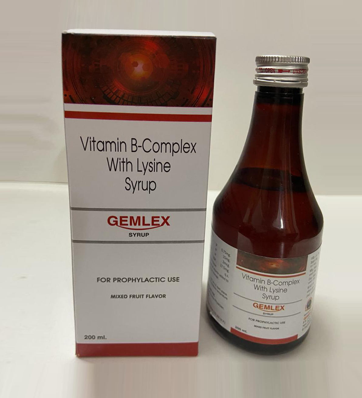 Product Name: GEMLEX, Compositions of GEMLEX are Vitamin B-Complex with Lysine Syrup - Gemed Lifesciences Pvt. Ltd