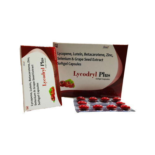 Product Name: Lycodryl Plus, Compositions of Lycodryl Plus are Lycopene, Lutein, Betacarotene, Zinc, Selenium & Grape Seed Extract Softgel Capsules - Zatropha Pharma