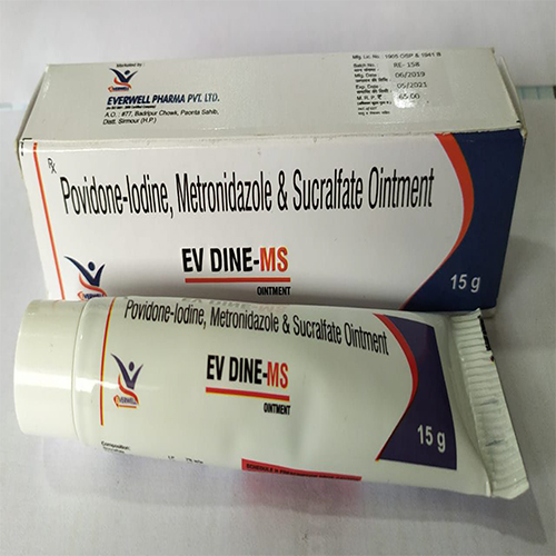 Product Name: EV DINE MS  OINTMENT  15 , Compositions of EV DINE MS  OINTMENT  15  are Povidone-lodine, Metronidazole & Sucralfate Ointment  - Orange Biotech Private Limited