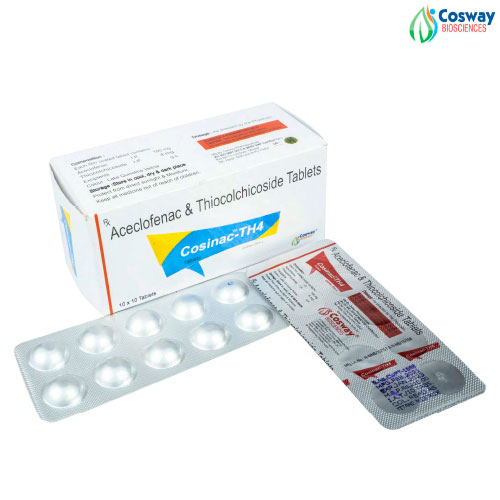 Product Name: COSINAC TH4, Compositions of COSINAC TH4 are ACELOFENAC 100 MG + THIOCOLCHICOSIDE 4 MG - Cosway Biosciences