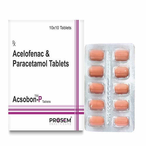 Product Name: Acsobon P, Compositions of Acelofenace & paracetamol tablets are Acelofenace & paracetamol tablets - Prosem Healthcare